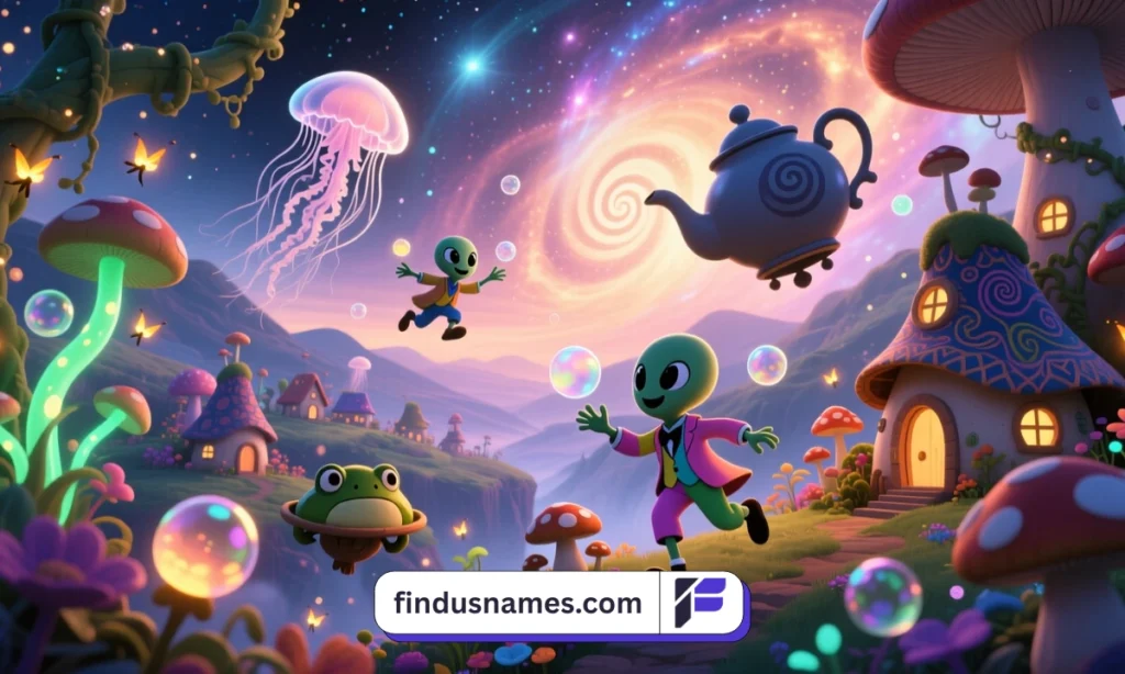 670 Hilarious Funny Alien Names: Powerful Creative Guide 1 Zoomed-out alien village scene with playful characters inspired by funny alien names.