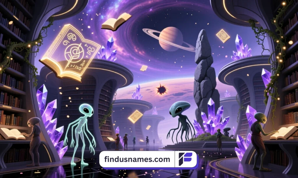 670 Hilarious Funny Alien Names: Powerful Creative Guide 3 Zoomed-out futuristic alien library with characters inspired by funny alien names for writing.