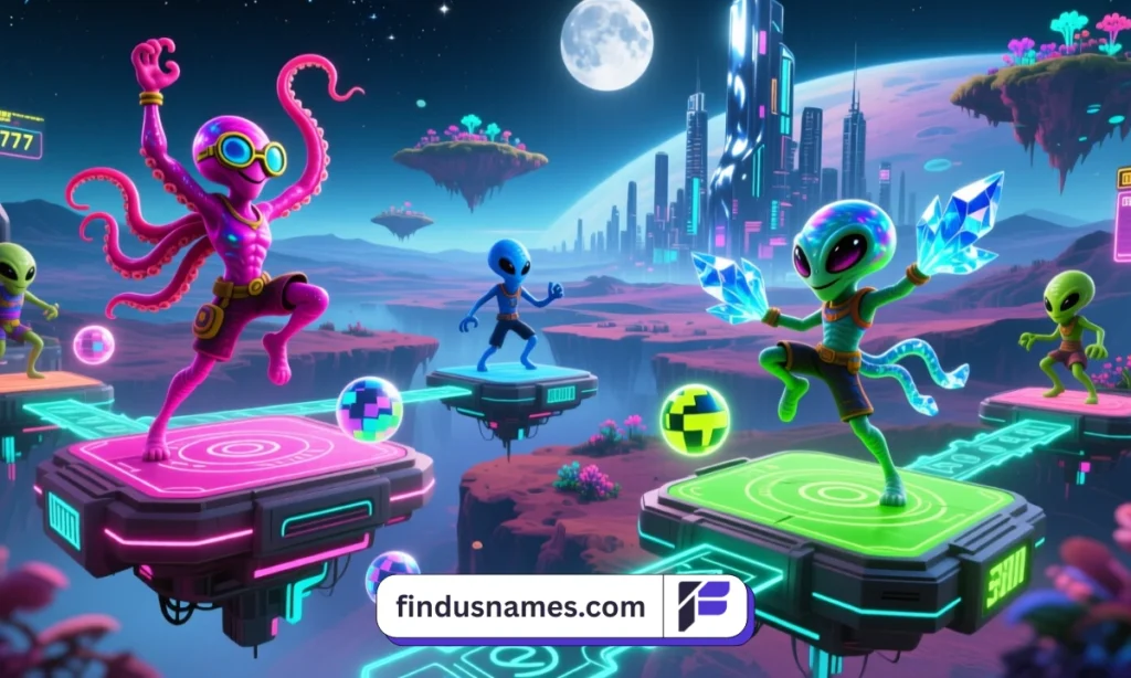 670 Hilarious Funny Alien Names: Powerful Creative Guide 4 Wide gaming arena featuring alien avatars inspired by funny alien names.
