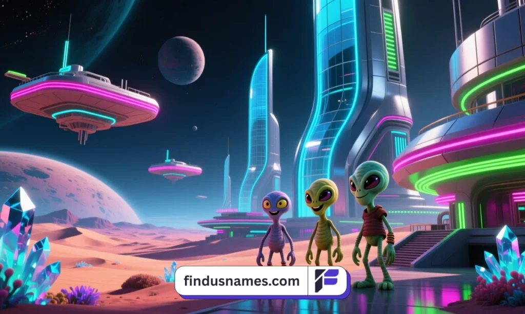 670 Hilarious Funny Alien Names: Powerful Creative Guide 2 Wide cinematic alien world with characters inspired by funny alien names from movies.