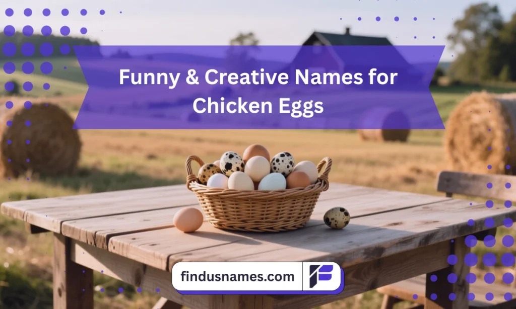 A rustic basket of chicken eggs arranged creatively on a wooden table, representing funny egg names in a playful farm-style setting.
