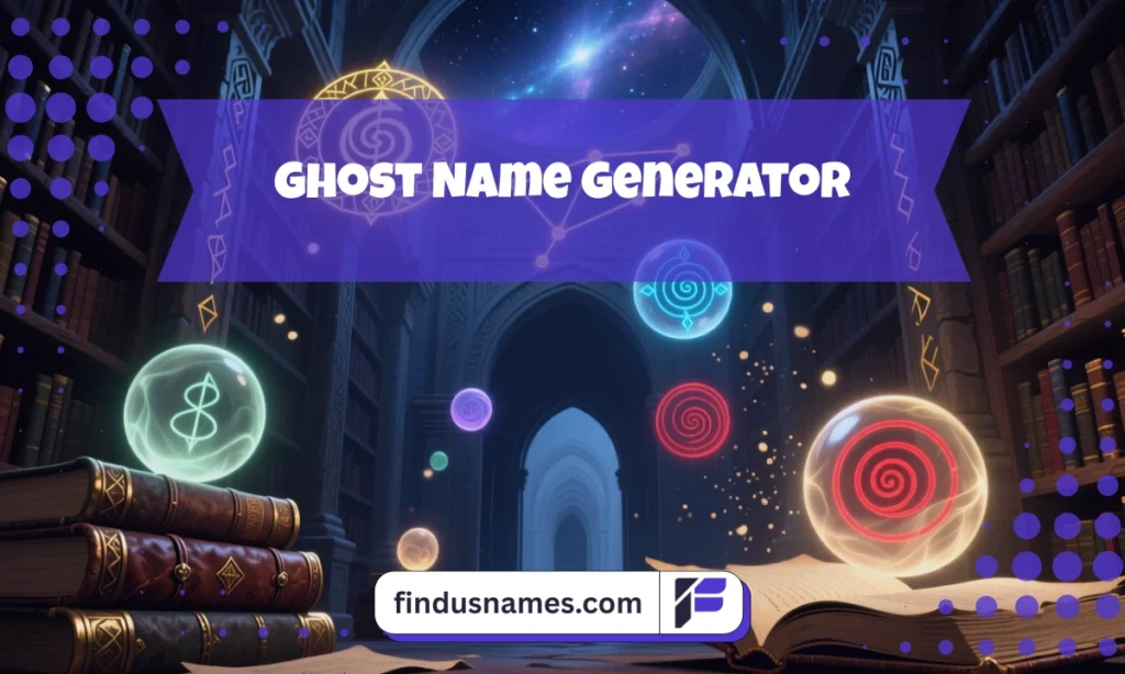 Magical glowing spirit orbs over ancient books symbolizing a creative ghost name generator for discovering ghost names.
