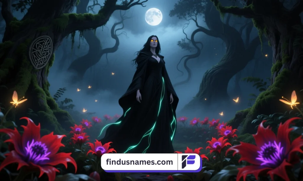 Beautiful woman in forest surrounded by glowing poisonous flowers