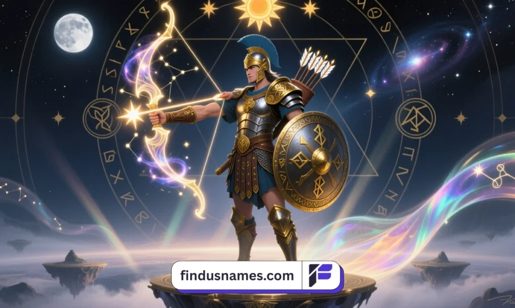 Mythical archer wielding magical glowing bow with celestial background