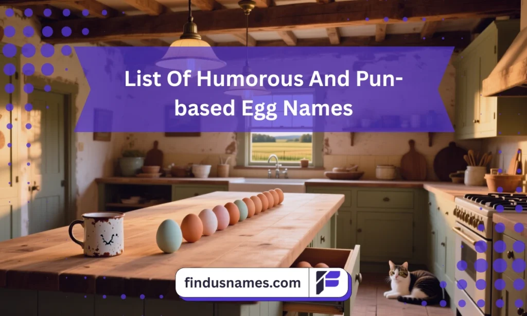 A farmhouse kitchen counter lined with eggs, visually representing humorous and pun-based ideas for funny egg names.