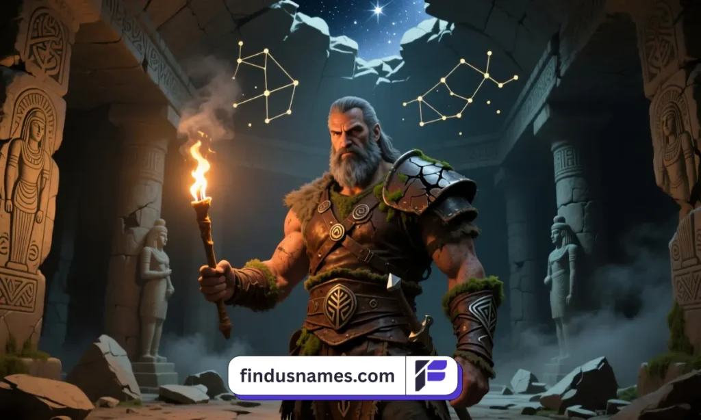 A male Redguard adventurer exploring ancient temples with a torch, showcasing brave and bold male Redguard name ideas.