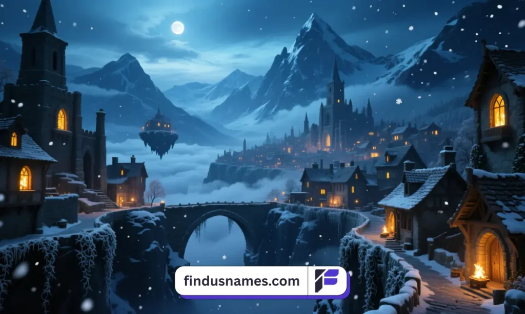 A breathtaking fantasy mountain town built on cliffs with snow-capped peaks, stone houses, and glowing lights overlooking valleys below.