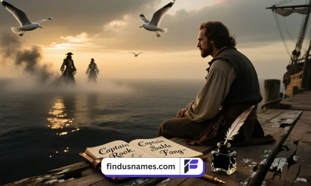 Writer imagining pirate characters on parchment while sea waves crash nearby