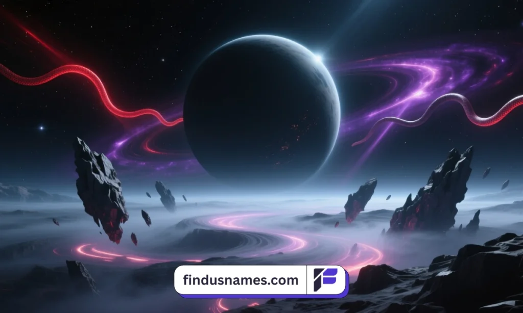 A mysterious shadow-covered alien planet with cosmic mist and floating rocks.