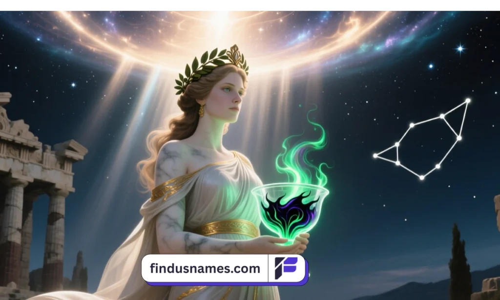 Ancient goddess with glowing poison chalice in mythic setting