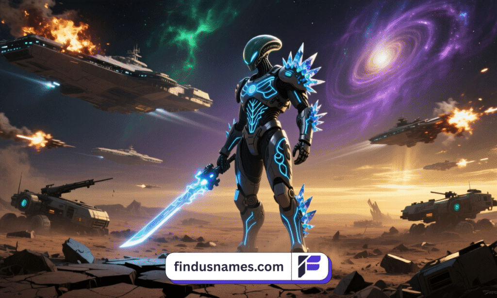 A wide view of a powerful alien warrior under cosmic skies, symbolizing strength and heroic alien male names.