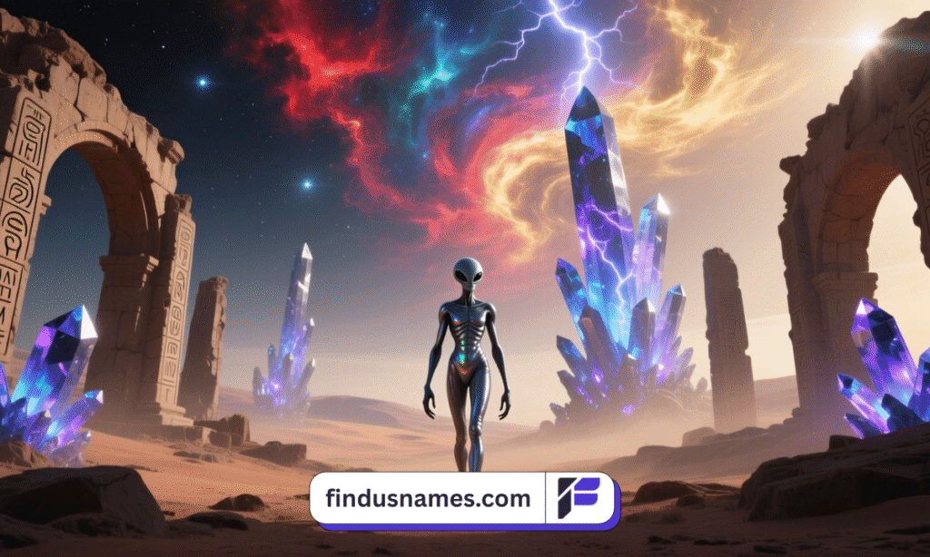 A distant shot of a lone alien traveler exploring ruins under a cosmic nebula, symbolizing rare and mysterious alien male names.