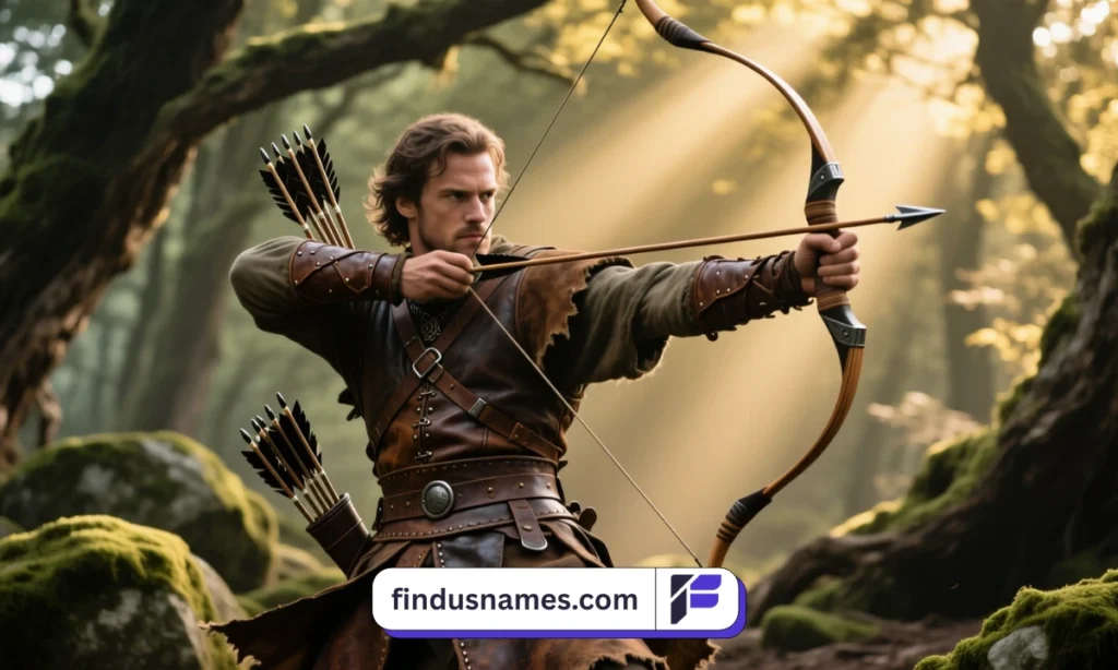 Powerful male archer drawing bow in forest setting with quiver of arrows