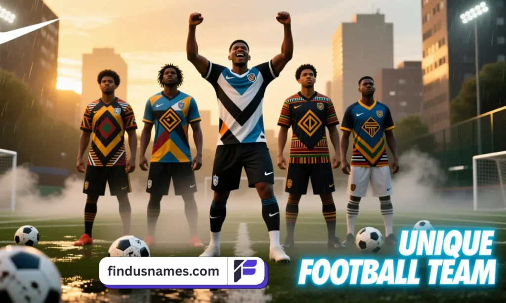 A wide-angle view of a football team standing confidently in formation with unique uniforms.