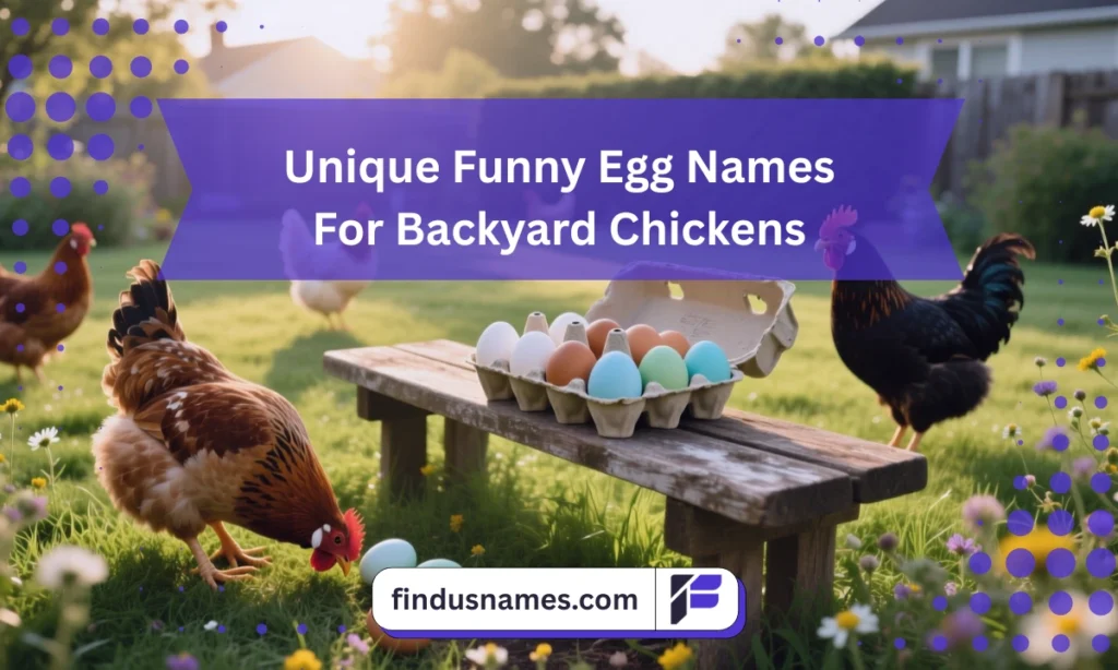 A backyard garden scene with hens and a crate of eggs, symbolizing unique and funny egg names for creative chicken keepers.