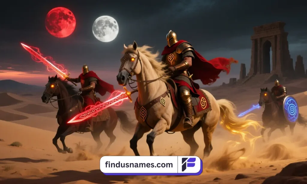 Fantasy Redguard warriors riding through the Alik’r Desert under twin moons, inspiring unique and mythical fantasy Redguard names.