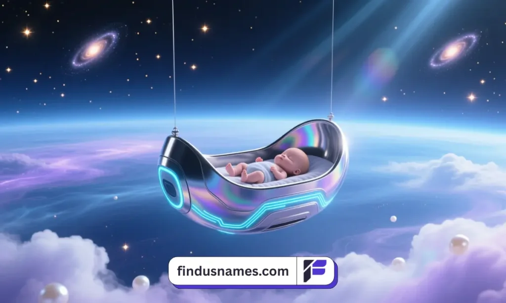 A soft space-themed cosmic nursery with glowing cradles and nebula lights, inspired by alien boy names and celestial baby aesthetics.