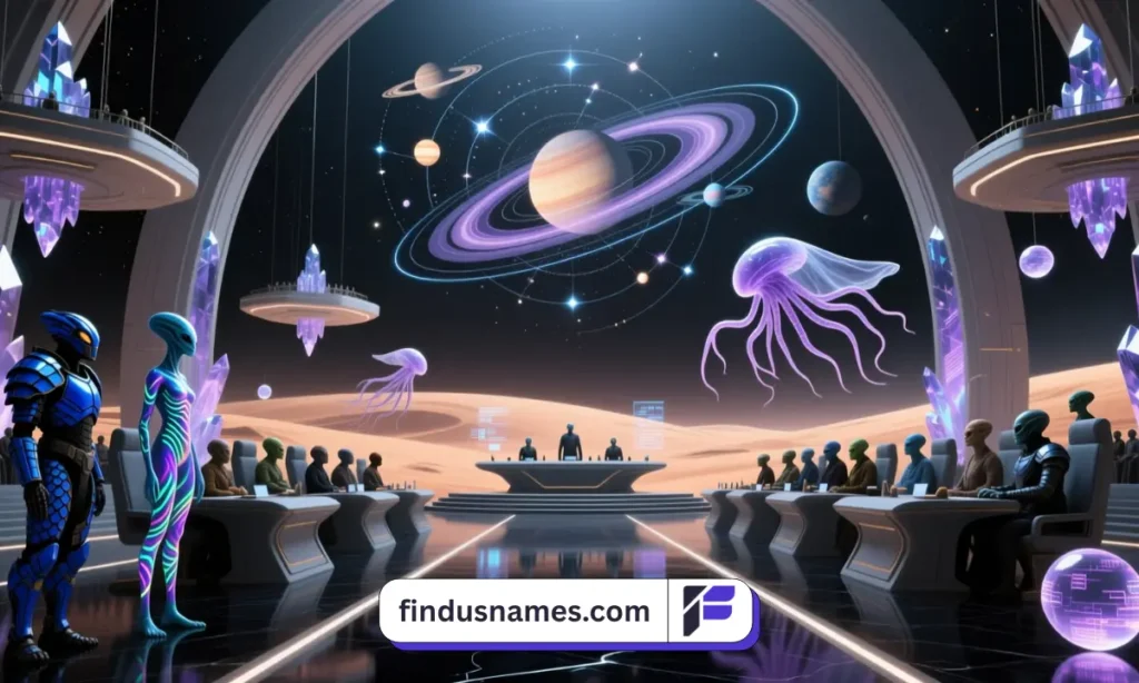 Multiple alien species meeting in a futuristic hall with holographic planets, perfect for universe builders crafting distinct alien boy names.