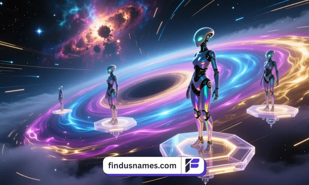 A galaxy-inspired scene with alien characters and swirling star trails, perfect for storytellers exploring creative alien boy names.