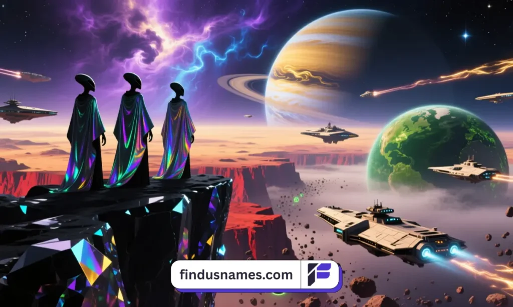 An intergalactic world with alien explorers, planets, and starships, giving inspiration for novelists choosing unique alien boy names.