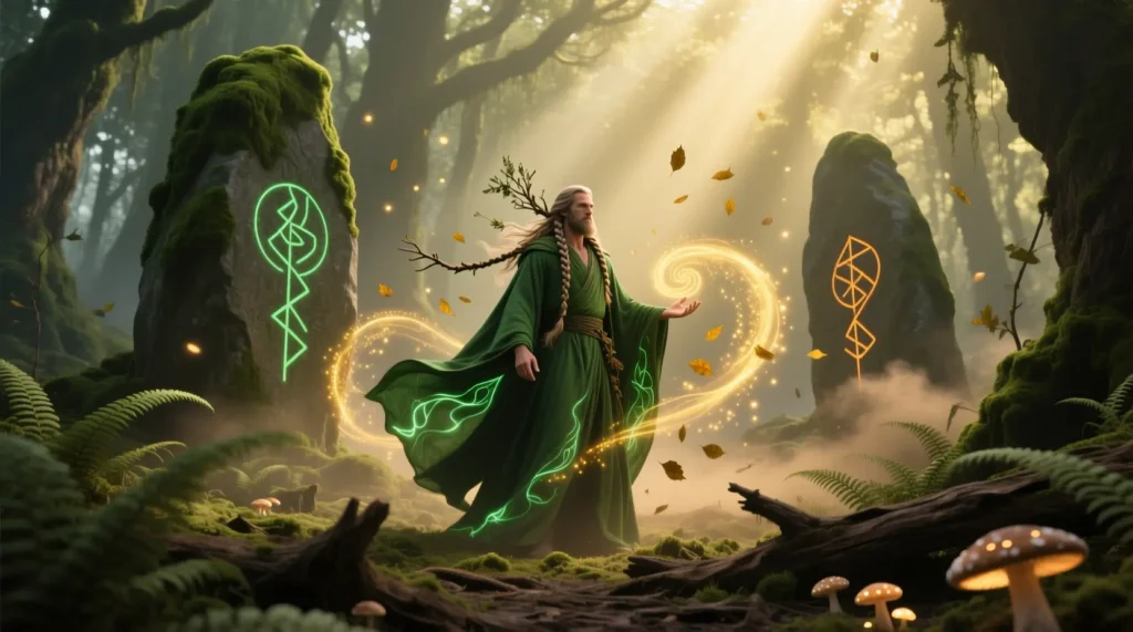 A mystical male druid in a forest surrounded by nature magic, inspired by druid names.