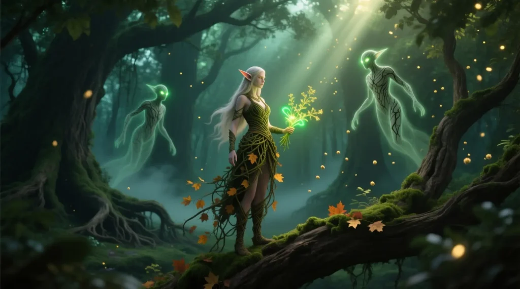 A wood elf druid in an enchanted forest setting inspired by druid names.
