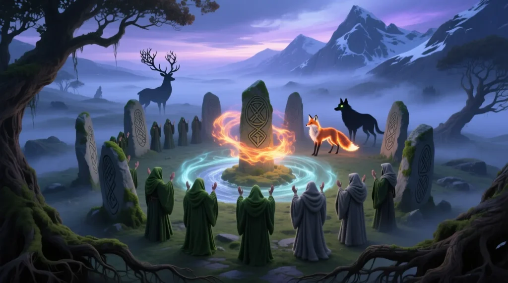 A mythical Celtic druid ritual scene inspired by druid names from folklore.