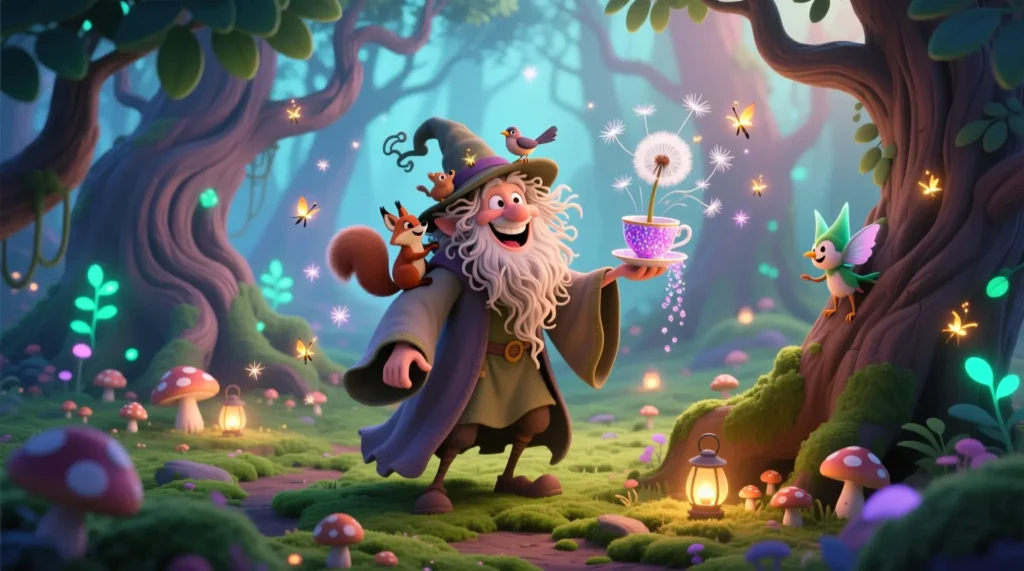 A playful druid in a humorous enchanted forest representing funny druid names.