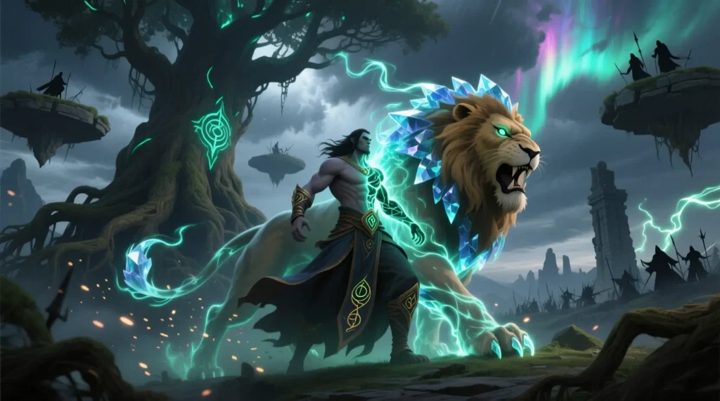 A WoW-style fantasy druid mid-transformation inspired by druid names.