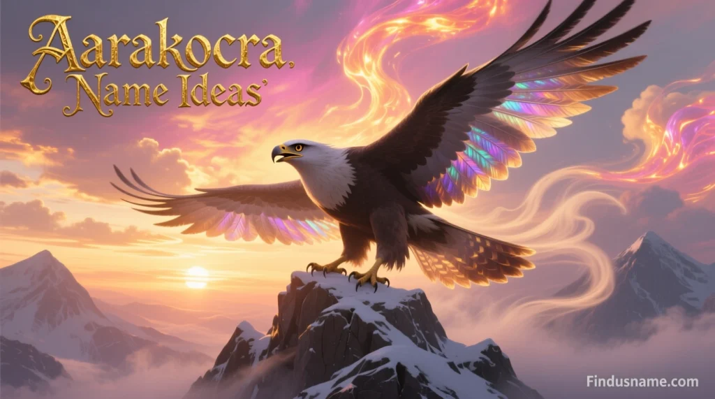 800+ Powerful Guide to Aarakocra Names, Unique and Bold Fantasy Picks 1 Creative fantasy artwork showing Aarakocra Name Ideas with a winged bird folk character standing on a mountain peak under the open sky.