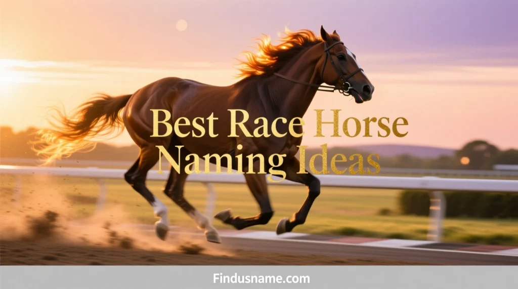 Best race horse naming ideas image showing a powerful thoroughbred running fast, inspiring creative and unique race horse naming choices.