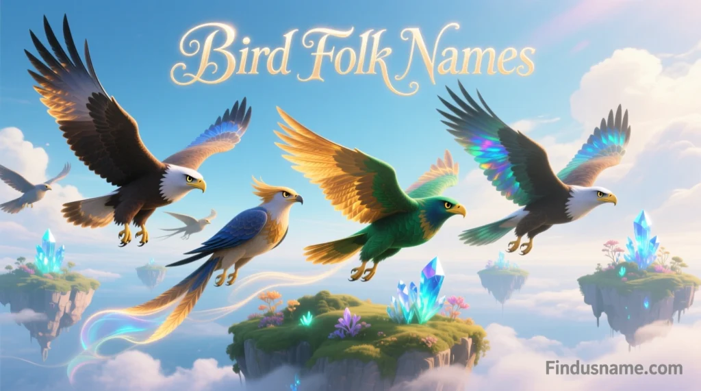 800+ Powerful Guide to Aarakocra Names, Unique and Bold Fantasy Picks 2 Fantasy illustration of bird folk characters in the sky representing Bird Folk Names and Aarakocra names for roleplay and stories.