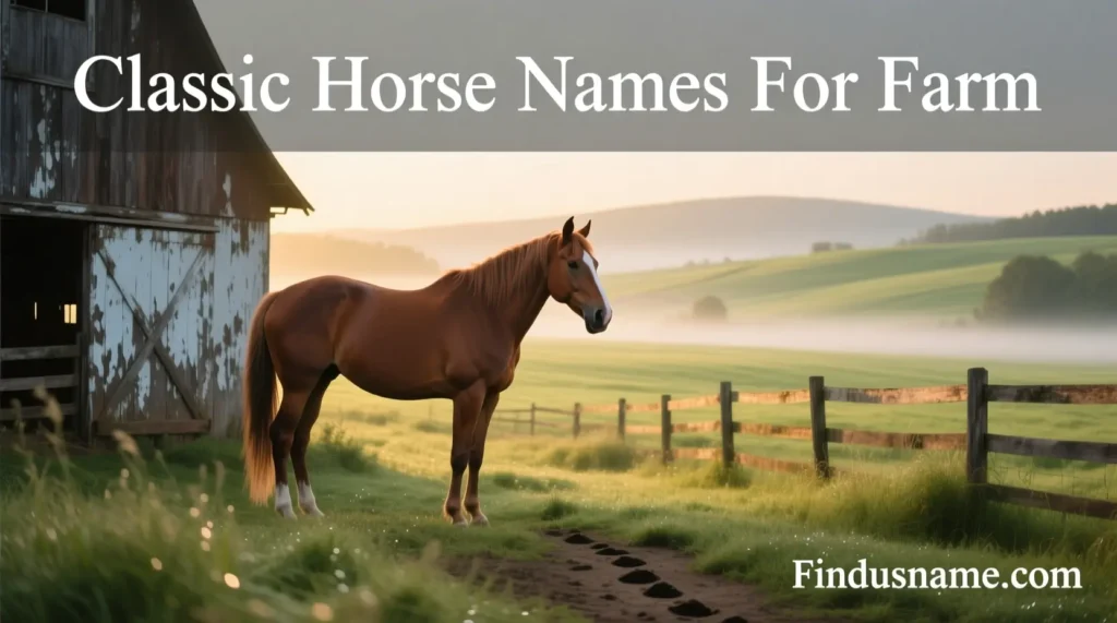 Classic horse names for farm life shown through a calm horse in a traditional farm setting.