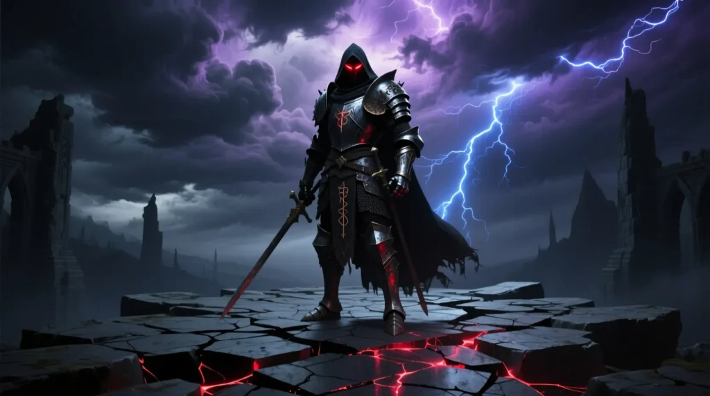 A dark fantasy warrior in black armor standing under a storm, inspired by Dark Paladin Names and powerful paladin names.