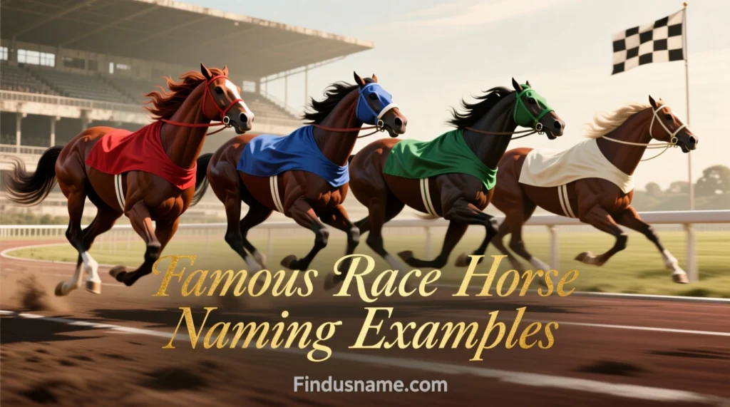 Famous race horse naming examples image featuring legendary race horses and well known race horse naming inspiration.