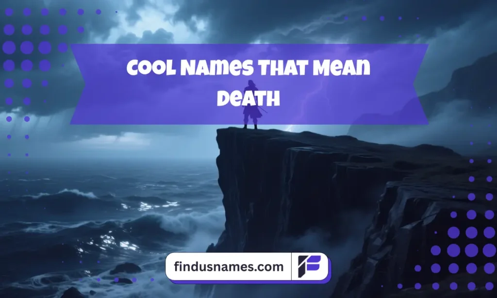 Cinematic stormy cliff scene symbolizing cool names that mean death in a stylish and dramatic way.