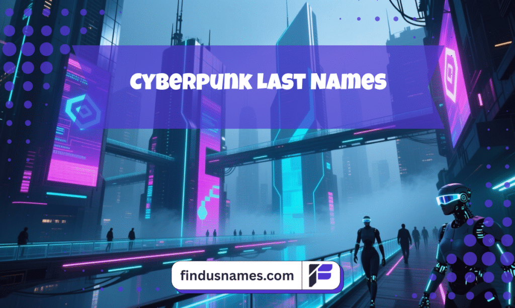Zoomed-out cyberpunk cityscape showcasing inspiration for Cyberpunk Names and futuristic last names.