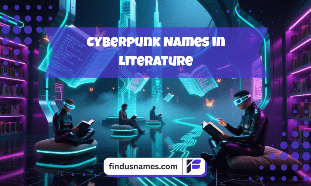 Zoomed-out futuristic library scene inspired by Cyberpunk Names featured in sci-fi literature.