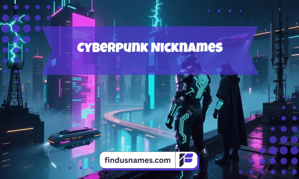 Futuristic rooftop view in a neon world representing cool Cyberpunk Names and creative cyberpunk nicknames.
