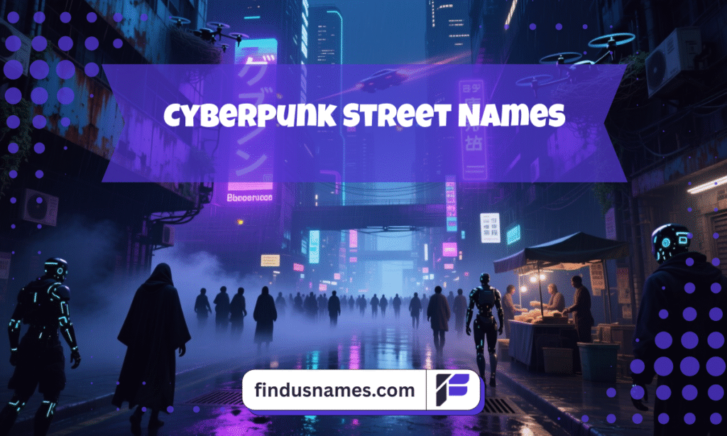 Neon cyberpunk street scene inspired by futuristic Cyberpunk Names with glowing lights and a zoomed-out city view.