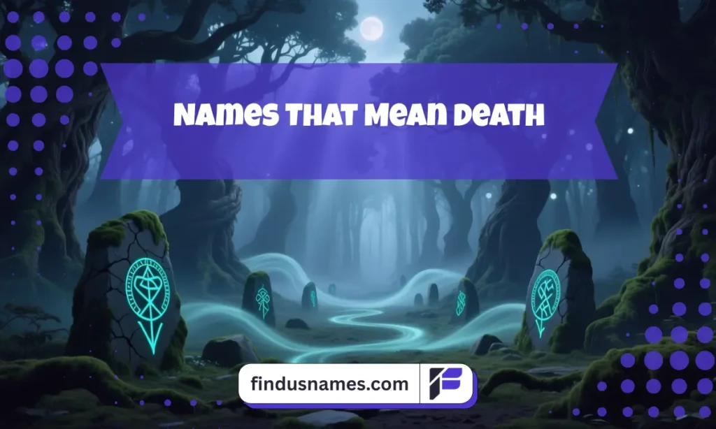 Dark mystical forest background representing ancient names that mean death, with mist and glowing symbols.