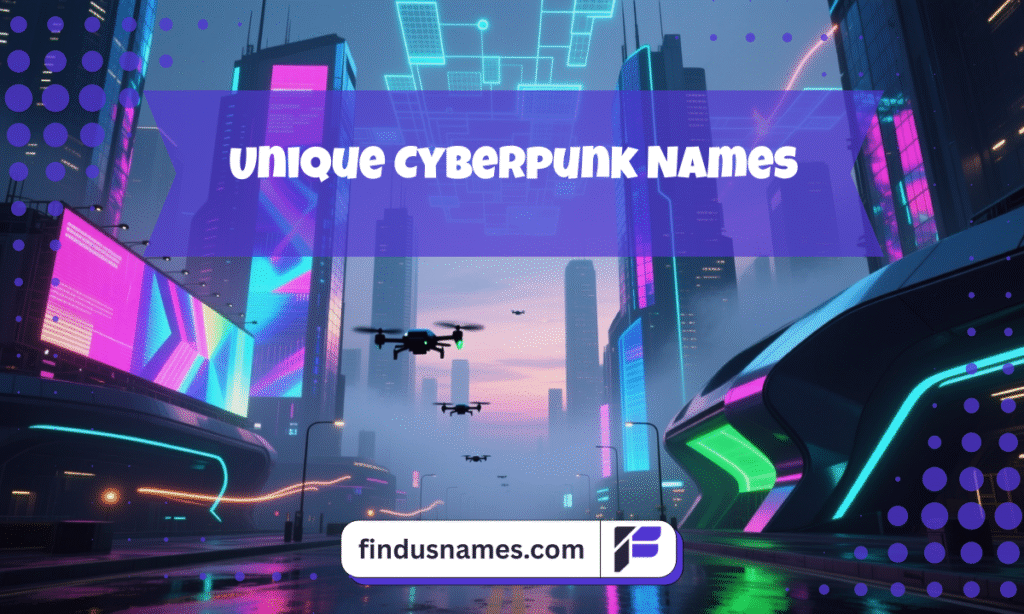 Futuristic neon city background representing unique Cyberpunk Names in a zoomed-out cyberpunk world.