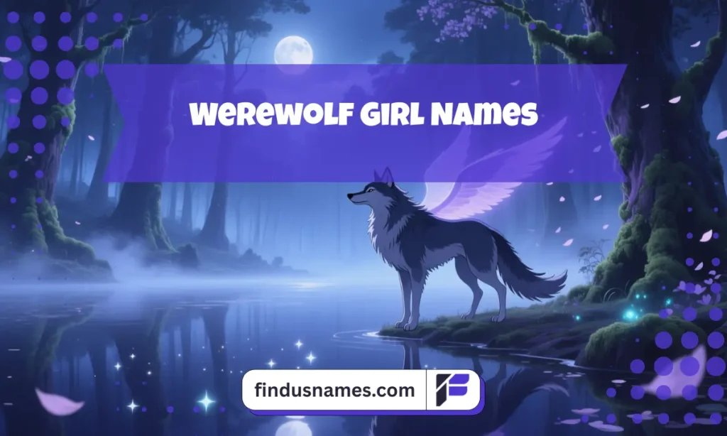 700+ Werewolf Names: Best Male, Female, & Fantasy Name Ideas for Your Character 4 Elegant female werewolf standing by a moonlit lake, inspired by magical and fierce werewolf girl names.