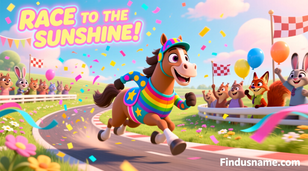Fun racing horse illustration showing fun race horse names and funny horse names for lighthearted race events