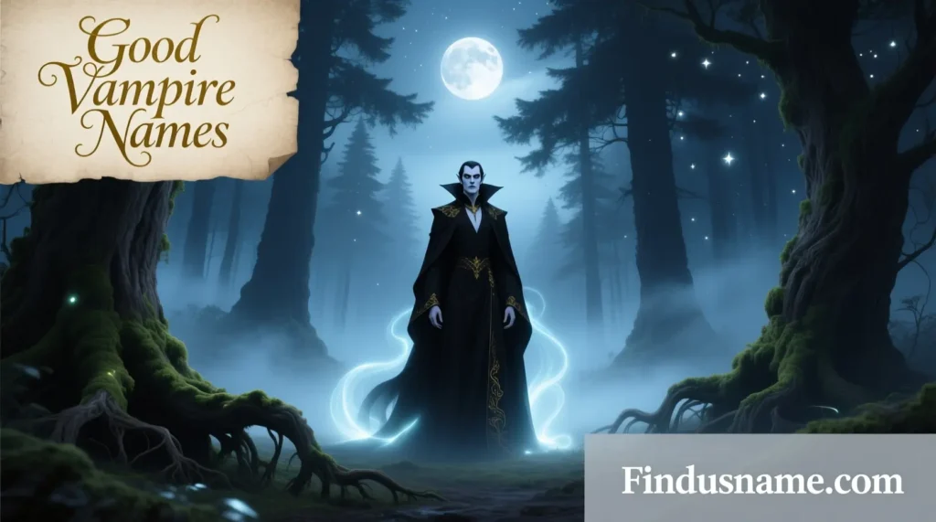 780+ Dark and Powerful Vampire Names for Epic Characters 4 Good Vampire Names shown through noble and calm vampire characters in a fantasy forest scene.