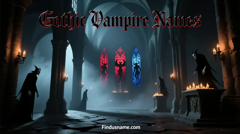 780+ Dark and Powerful Vampire Names for Epic Characters 3 Gothic Vampire Names represented through dark cathedral fantasy art with vampire silhouettes.