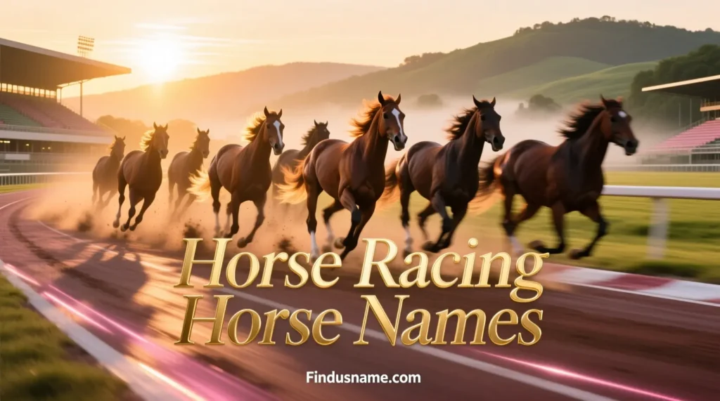 Horse racing horse names with strong and bold male race horse names displayed on a professional racetrack background