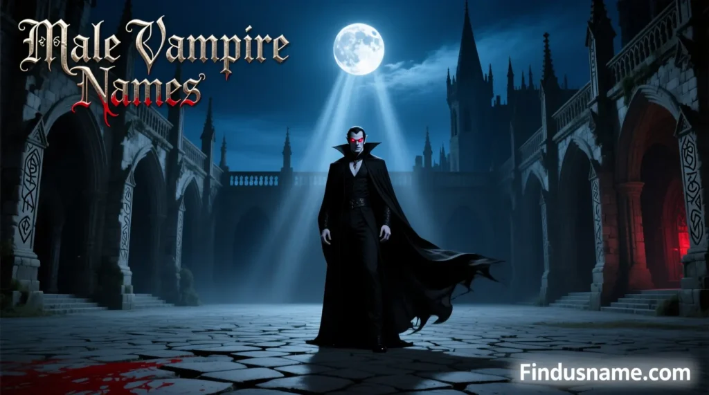 780+ Dark and Powerful Vampire Names for Epic Characters 1 Male Vampire Names shown through a dark fantasy vampire character standing in a gothic castle at night.