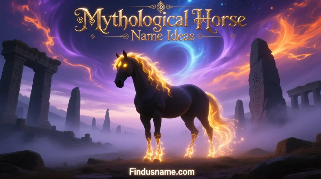 Mythological horse name ideas inspired by a legendary fantasy horse in a magical scene.