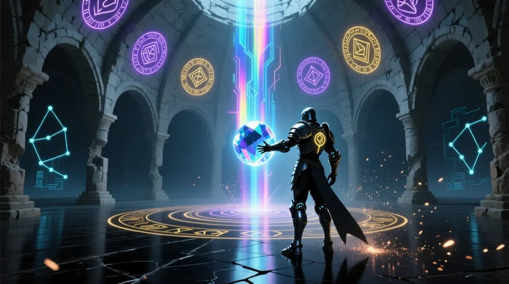 A magical room with glowing runes creating fantasy inspiration, showing a Paladin Name Generator concept for choosing paladin names.